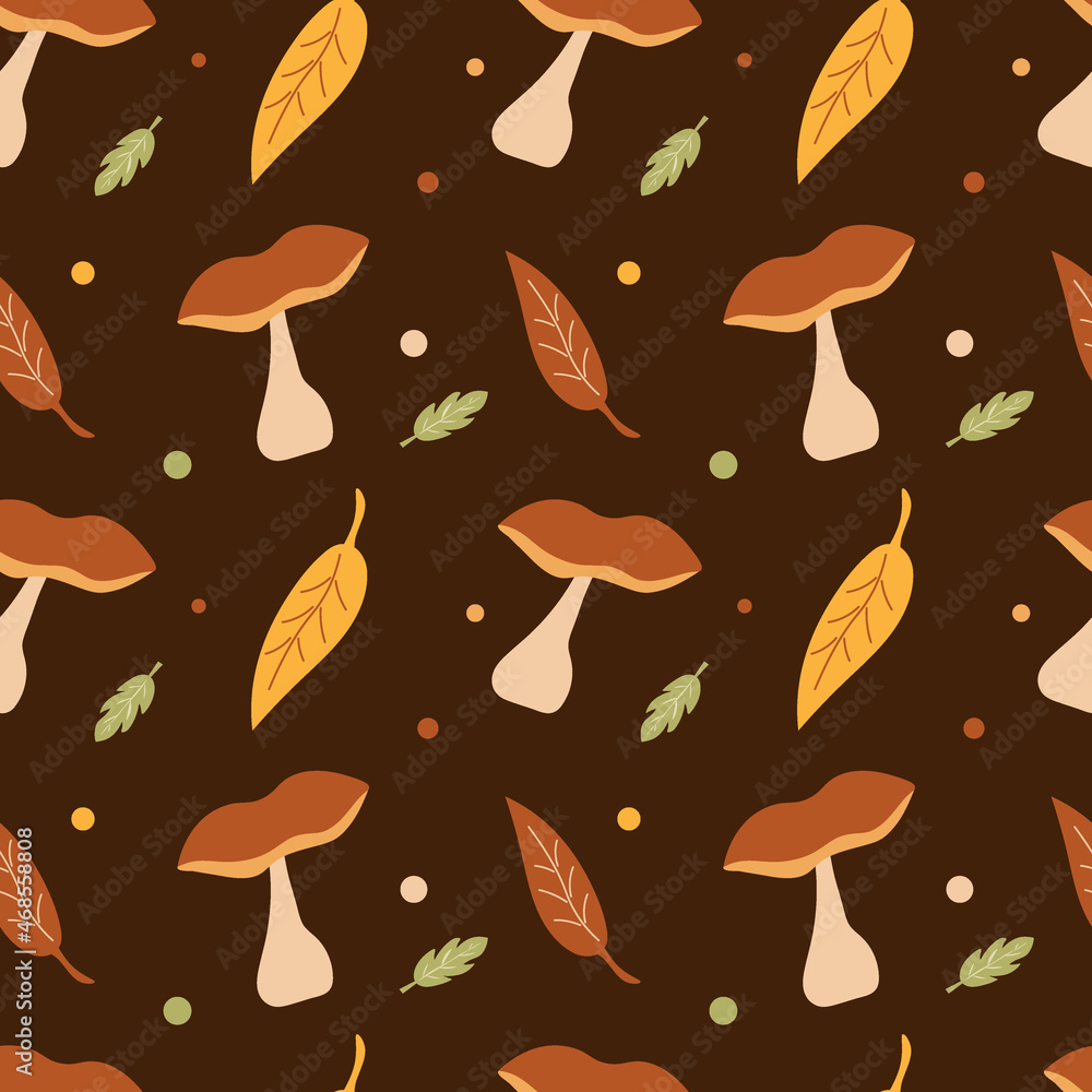 Seamless pattern with mushrooms and leaves on a brown background. Autumn. Cloth, wallpaper, or wrapping paper. Illustration. Seamless pattern with mushrooms and leaves on a brown background. Autumn. Cloth, wallpaper, or wrapping paper. Illustration.