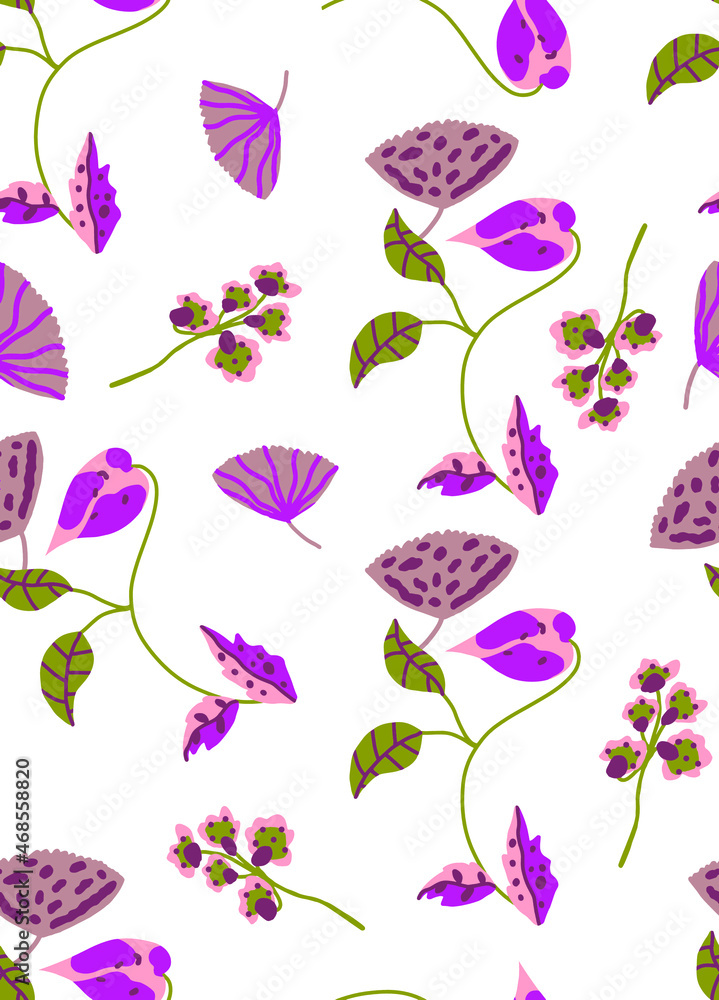 Abstract Hand Drawing Floral Leaves Branches and Ditsy Flowers Seamless Vector Pattern Isolated Background