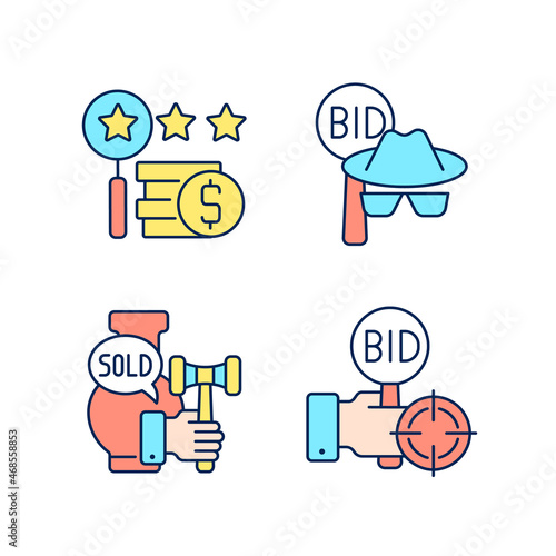 Auction components RGB color icons set. Silent bidding. Auction sniping. Auctioneer. Appraisal process. Isolated vector illustrations. Simple filled line drawings collection. Editable stroke