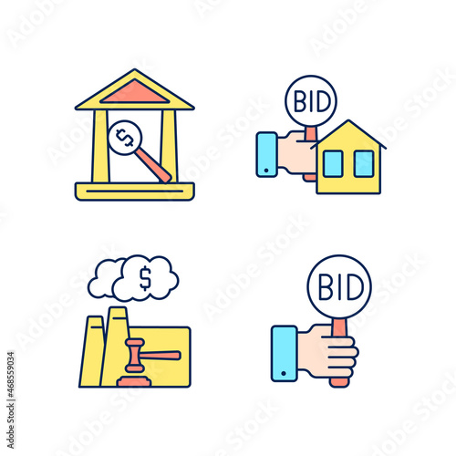 Bargaining for property RGB color icons set. Real estate selling. Emission auction. Auction house. Bidding. Isolated vector illustrations. Simple filled line drawings collection. Editable stroke