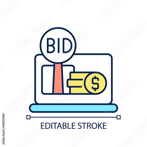 Online auction RGB color icon. Electronic commerce. Highest bid wins. Online marketplace. Buying antiques and real estate. Isolated vector illustration. Simple filled line drawing. Editable stroke