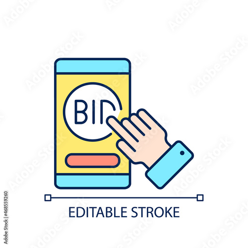 Auction mobile app RGB color icon. Smartphone software. Bidding competition application. E commerce. Bargaining online. Isolated vector illustration. Simple filled line drawing. Editable stroke