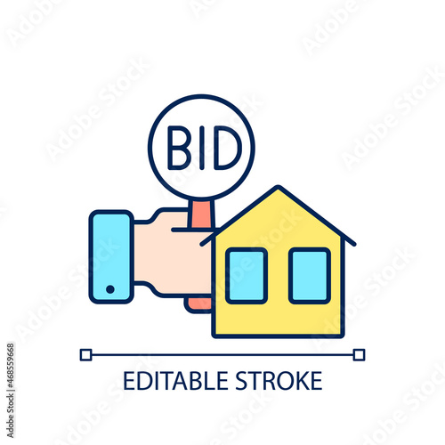 Real estate auction RGB color icon. Competitive bidding for property. Selling buildings and land. Bargaining for house. Isolated vector illustration. Simple filled line drawing. Editable stroke