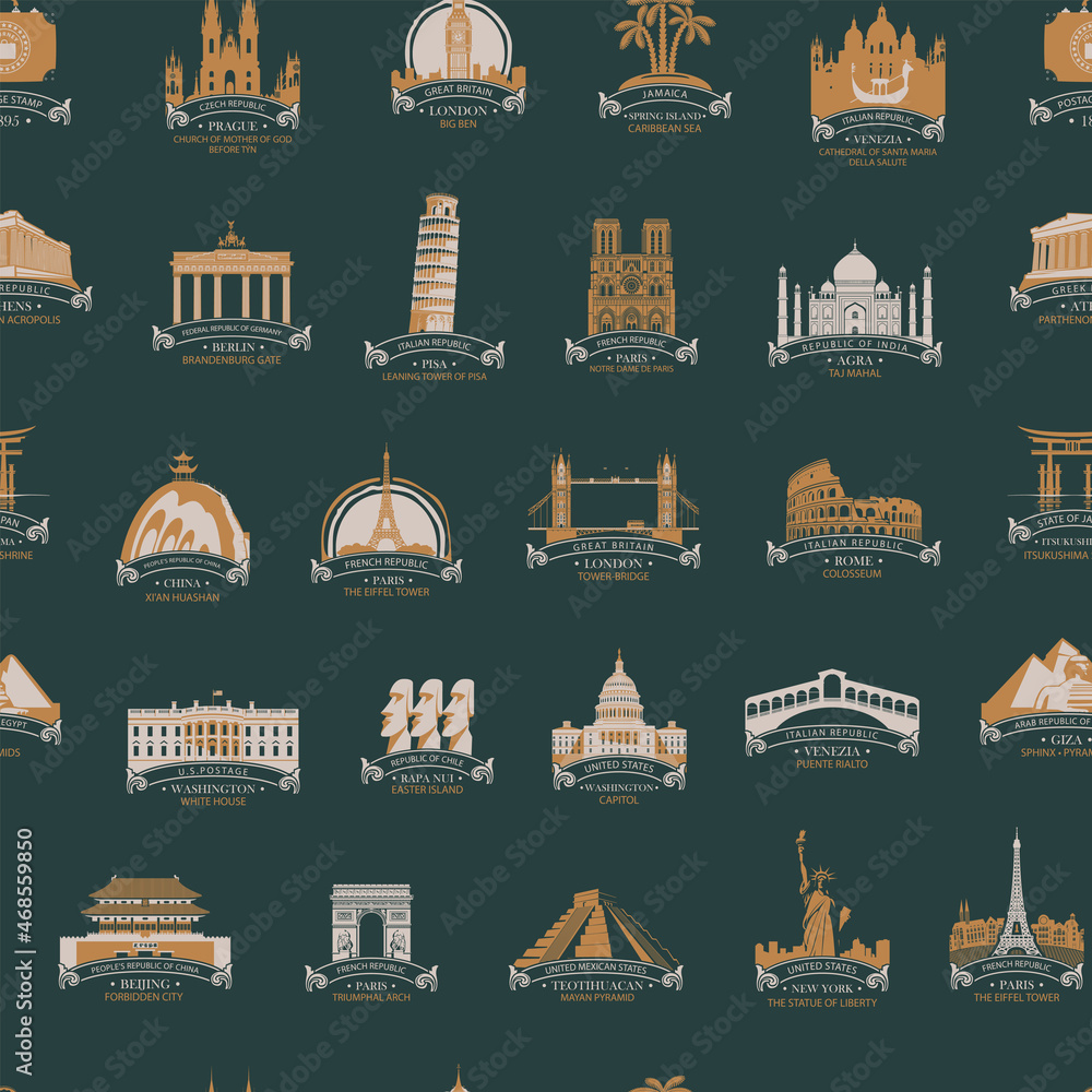 Vector seamless pattern with icons of architectural landmarks on a dark ...