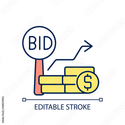 Bid increments RGB color icon. Minimum price increasing. Competitive bargaining. Bidding for items. Public sales. Isolated vector illustration. Simple filled line drawing. Editable stroke