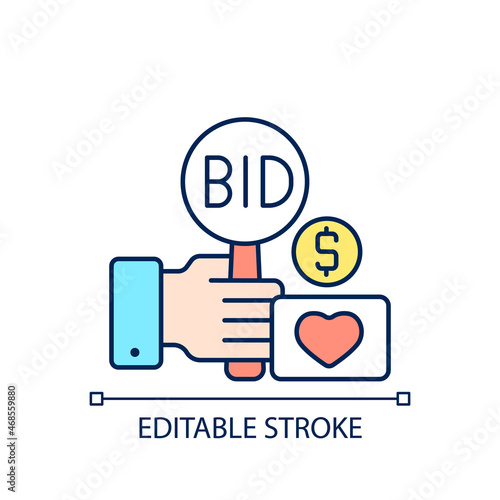 Charity auction RGB color icon. Fundraising event. Bidding for experimental assets. Public sales. Bargaining. Isolated vector illustration. Simple filled line drawing. Editable stroke
