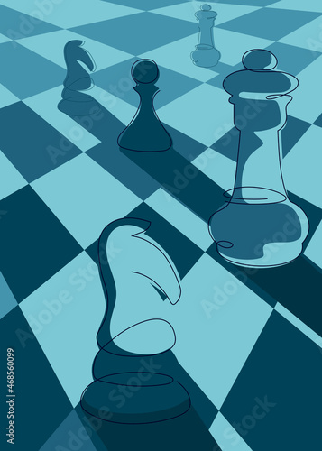 Poster with chess in perspective. Placard design in doodle style.