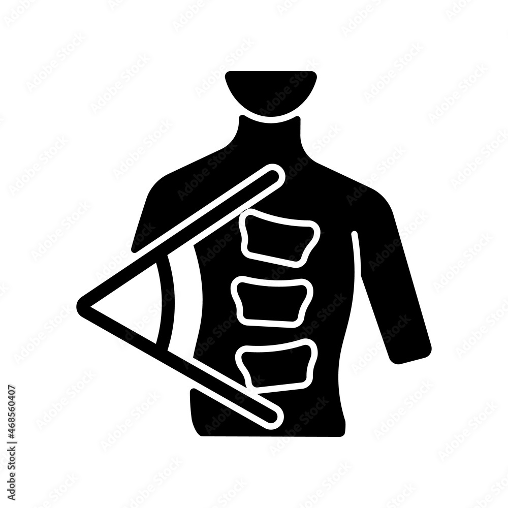 Cobb method black glyph icon. Cobb angle. Scoliosis degree measurement. Spine curvature angle calculation. Backbone deformation range. Silhouette symbol on white space. Vector isolated illustration Cobb method black glyph icon. Cobb angle. Scoliosis degree measurement. Spine curvature angle calculation. Backbone deformation range. Silhouette symbol on white space. Vector isolated illustration