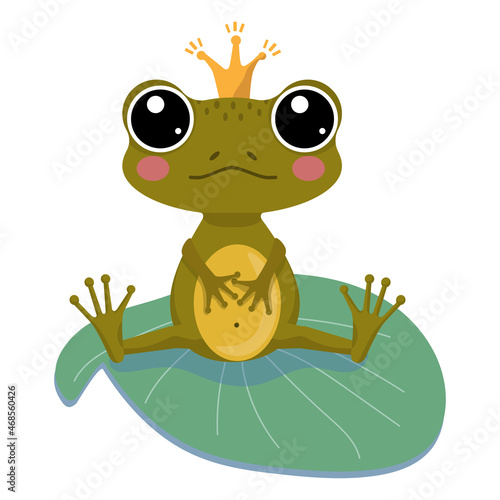 Vector image of a cute cartoon frog sitting on a water lily leaf on an isolated background. Vector children's illustration for clothes, packaging, gifts, cards, posters and stationery.