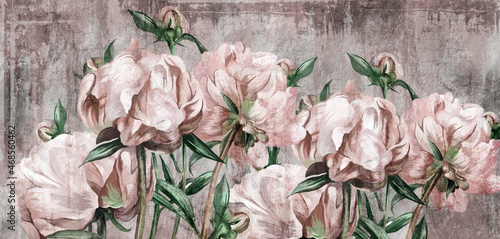 Wallpaper Mural large art peony painted on a textured background in pastel shades, merge photomurals into the rooms or the interior of the house Torontodigital.ca