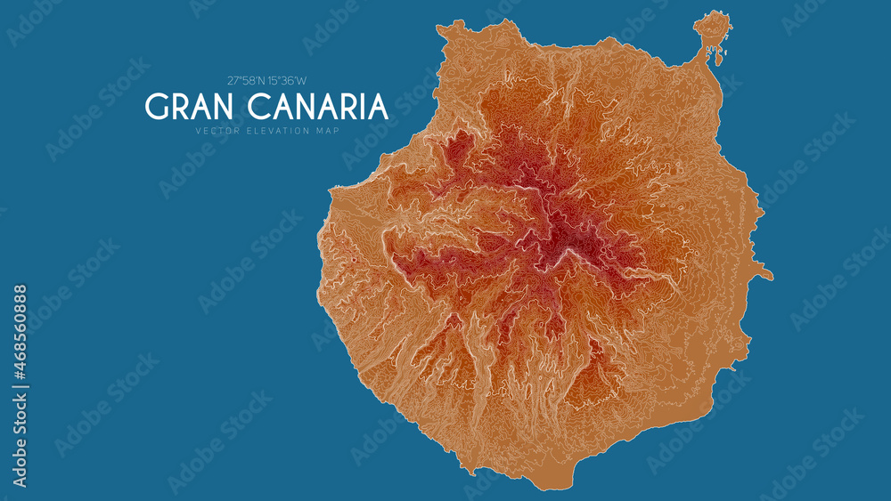 Topographic map of Gran Canaria, Canary Islands, Spain. Vector detailed elevation map of island. Geographic elegant landscape outline poster. - obrazy, fototapety, plakaty 