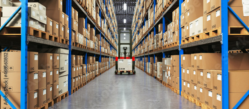 Warehouse Scene with High Shelves and Reach Fork Track. Logistics Concept. 3D illustration	
