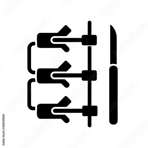 Spinal fusion black glyph icon. Spine vertebrae connecting operation. Backbone correction surgical procedure. Orthopedic surgery. Silhouette symbol on white space. Vector isolated illustration