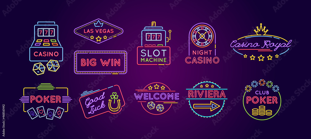 Slot machine neon icon set. Casino, poker, Riviera, welcome, good luck bright emblem and logo