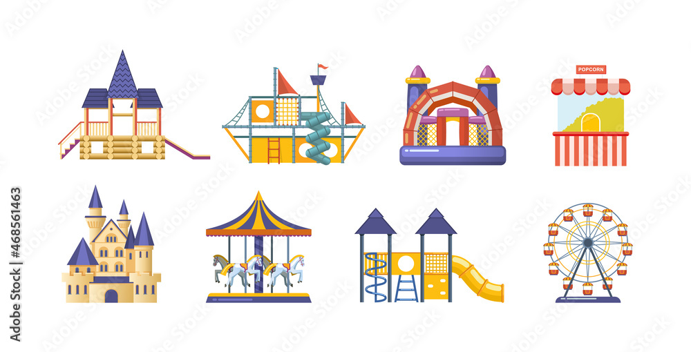 Amusement park with carousels set. Childish entertainment equipment Circus, Fun fair and Carnival