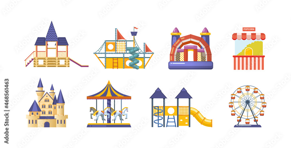 Fototapeta premium Amusement park with carousels set. Childish entertainment equipment Circus, Fun fair and Carnival