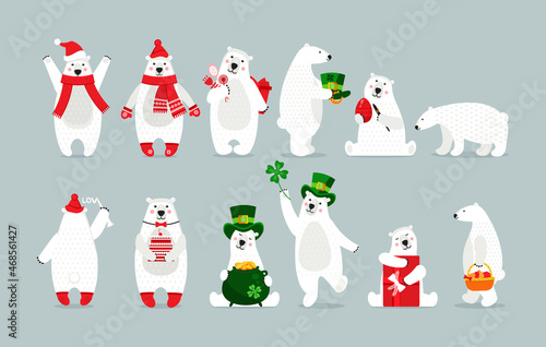 Cute childish Christmas arctic bear set polar animal in winter clothes, with accessories and gifts