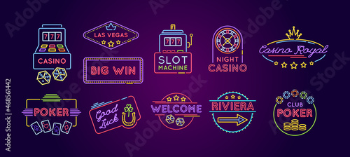 Slot machine neon icon set. Casino, poker, Riviera, welcome, good luck bright emblem and logo