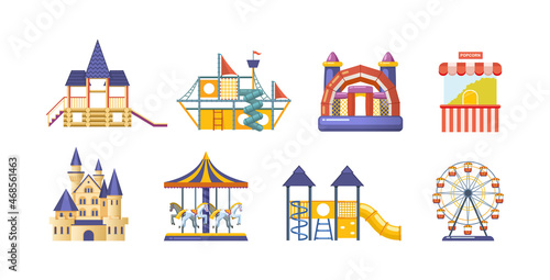 Amusement park with carousels set. Childish entertainment equipment Circus, Fun fair and Carnival