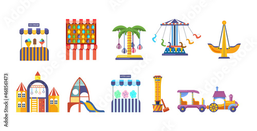 Amusement park with carousels set. Childish entertainment equipment Circus  Fun fair and Carnival.