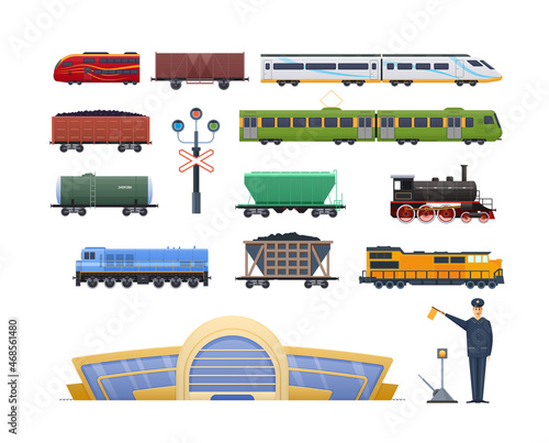 Railway station set. Express passenger cargo train wagon. Modern and retro railroad transportation