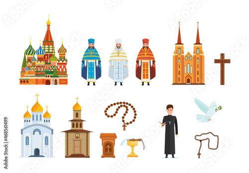 Church religious set. Spiritually faith cross, pastor, beads, cathedral, praying, God believe