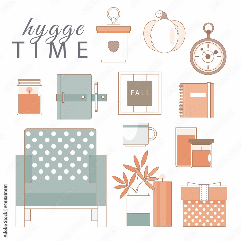 Set of cute hygge elements, furniture and home decorations. Scandinavian style Set of cute hygge elements, furniture and home decorations. Scandinavian style