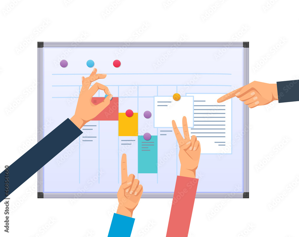 Closeup hands of colleagues working as team planning on flipchart magnetic marker board Closeup hands of colleagues working as team planning on flipchart magnetic marker board