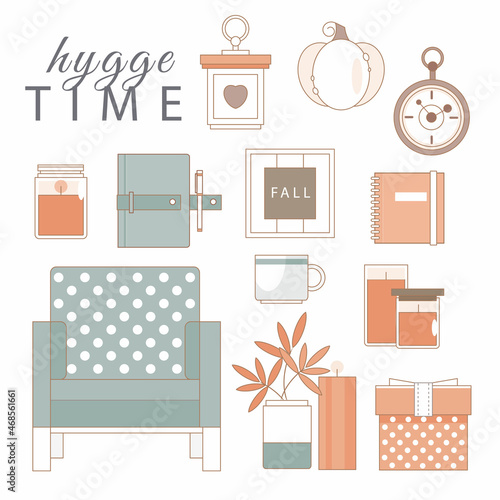 Set of cute hygge elements, furniture and home decorations. Scandinavian style