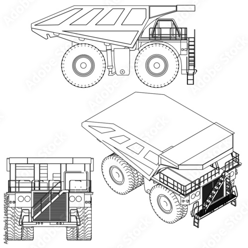 Set with the contours of a dump truck from black lines isolated on a white background. Side view, front, isometric. Vector illustration
