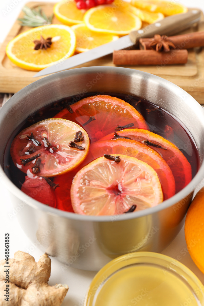 Concept of cooking mulled wine, close up Concept of cooking mulled wine, close up