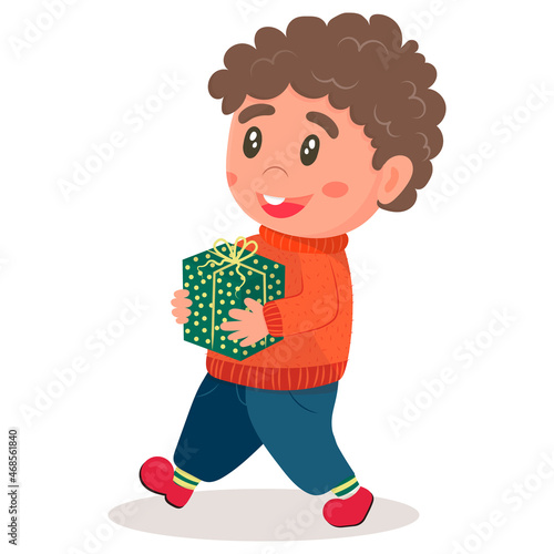 A little cartoon curly-haired boy in a warm sweater walks and carries a Christmas present. isolated on white background