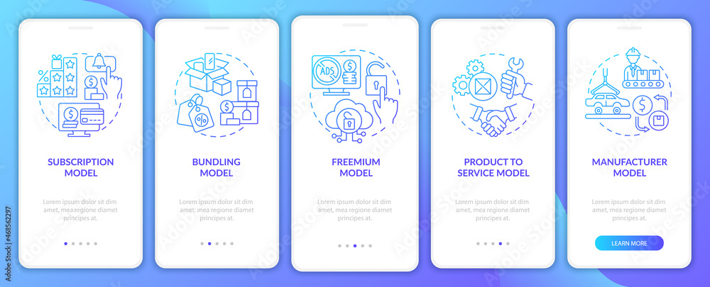 Types of business models gradient onboarding mobile app page screen. Commerce walkthrough 5 steps graphic instructions with concepts. UI, UX, GUI vector template with linear color illustrations