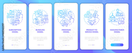 Types of business models gradient onboarding mobile app page screen. Commerce walkthrough 5 steps graphic instructions with concepts. UI, UX, GUI vector template with linear color illustrations