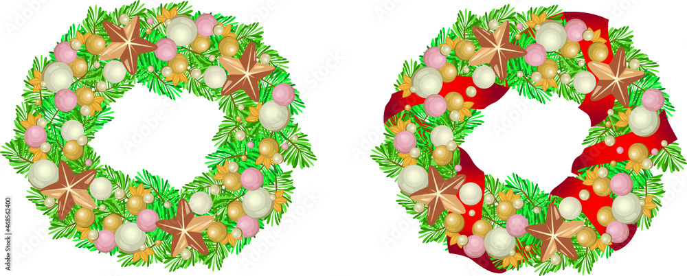 Christmas and Happy New Year illustration with Christmas wreath. Trendy retro style. Vector design template. Set