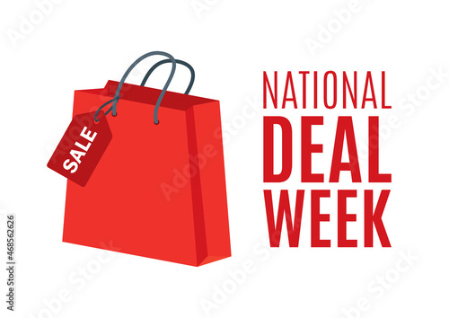 National Deal Week vector. Red paper gift bag with discount label icon isolated on a white background. Red shopping bag vector. Shopping holiday design