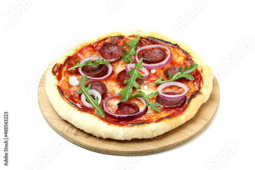 Tasty Salami pizza isolated on white background