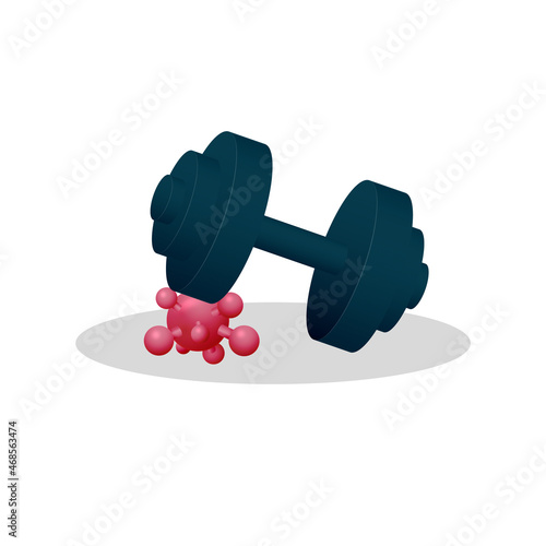 The virus is under a dumbbell or barbell. The concept of victory over diseases with the help of sports.
