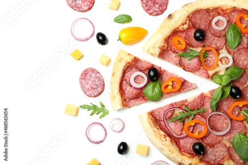 Concept of tasty food with Salami pizza on white background