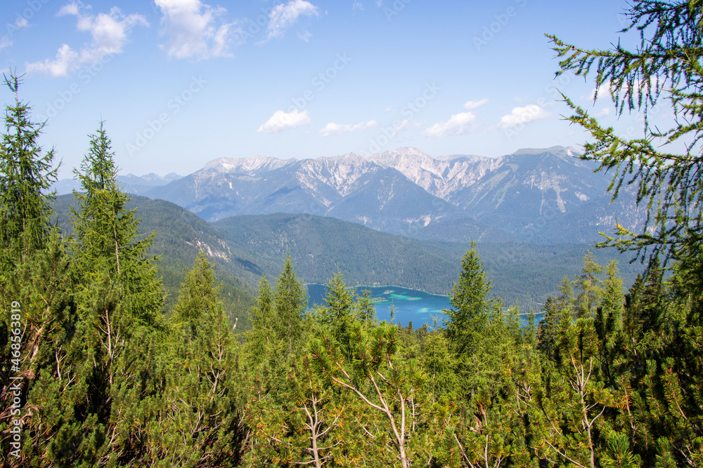 Great view to the Eibsee while hiking over the Riffescharte in Bayern Germany