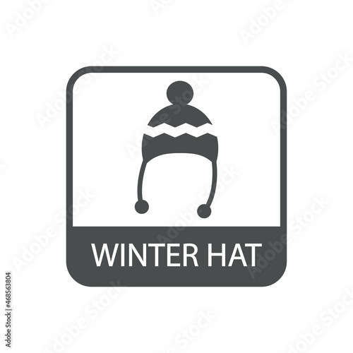 Logotipo con texto Winter Hat en cuadrado gris. Gorro de lana tejida con pompón y líneas. Símbolo de prendas de vestir en exteriores