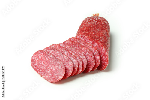 Slicing sausage salami isolated on white background