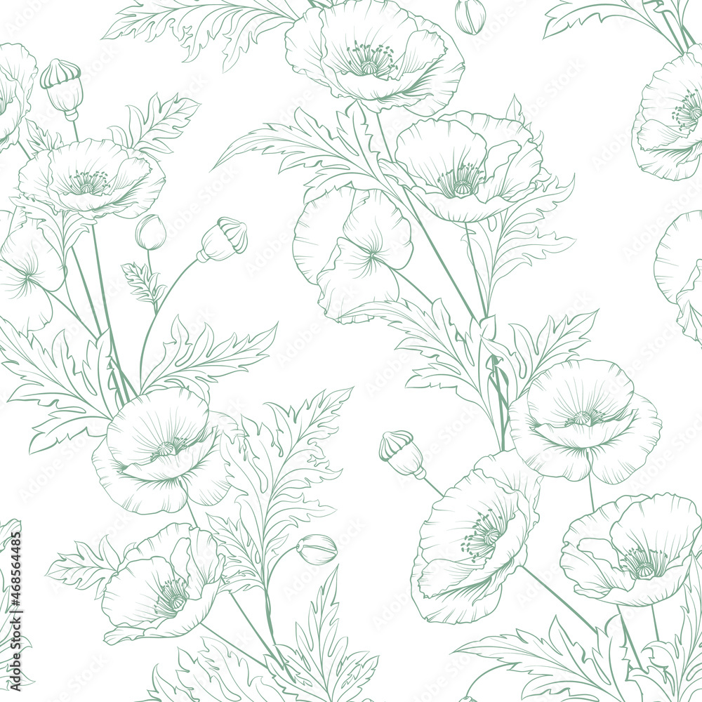Seamless pattern from flowers of poppies on a white background.