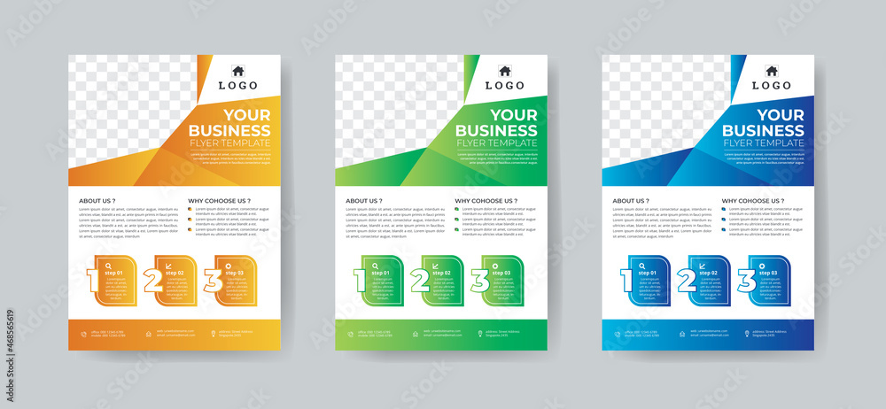 Business Flyer Template Layout with 3 Colorful Accents and Grayscale Image Masks Business Flyer Template Layout with 3 Colorful Accents and Grayscale Image Masks