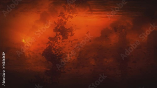 Apocalypse series. Strong blast destroying a sky scraper. Burning cities, covered by fires, smoke and flying debris. Disaster, nuclear war or asteroid impact landscape. Cinematic, filmic scene.