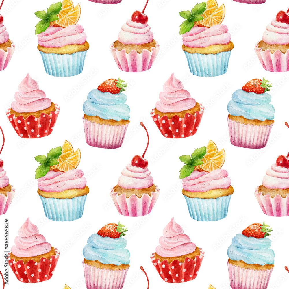Seamless pattern with watercolor cupcakes isolated on white background. Seamless pattern with watercolor cupcakes isolated on white background.