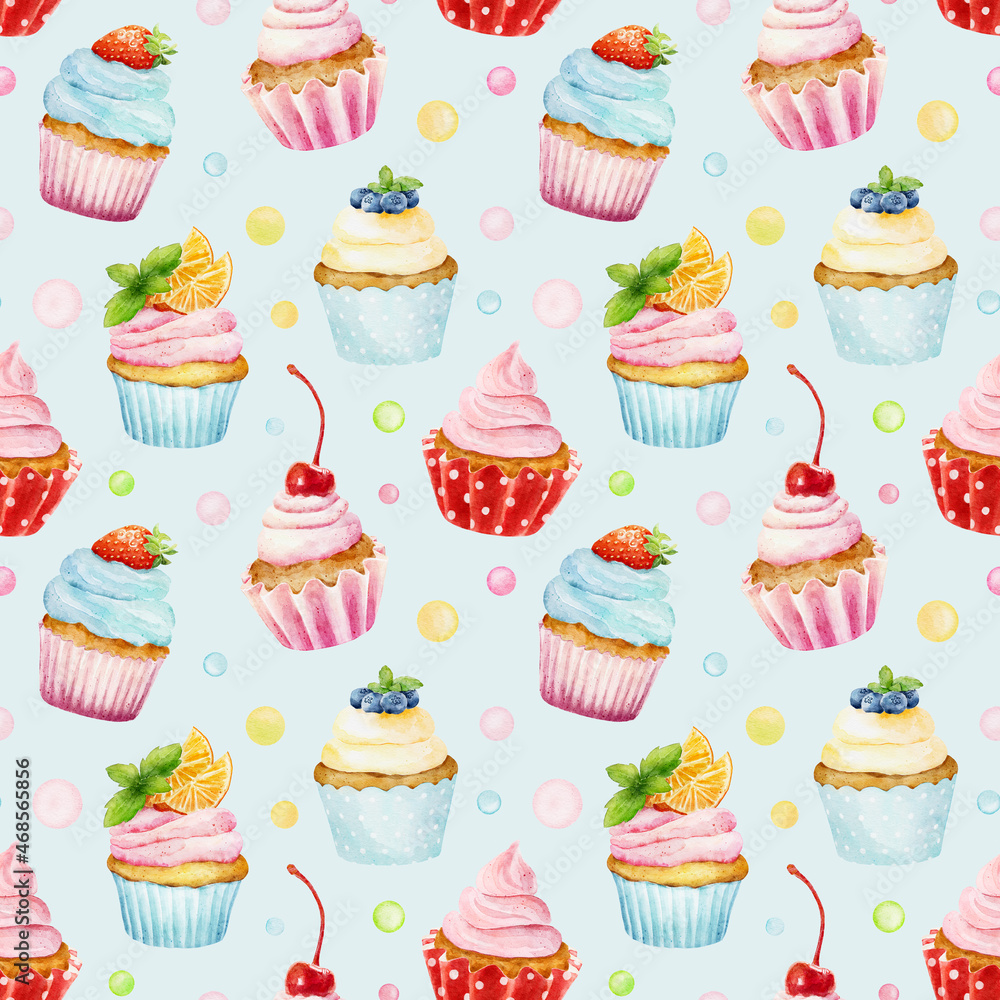 Seamless pattern with watercolor cupcakes isolated on blue background.