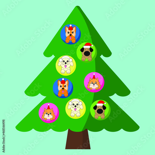 Game for a child early Montessori training. Christmas Balls with the image of dogs on the Christmas tree. The memory game. Cute dogs, corgi, labrador, pomeranian, pug. © Александра 