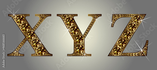 Diamond alphabet letters. Stunning beautiful X ,Y, Z jewelry set in gems and silver. Vector eps10 illustration.