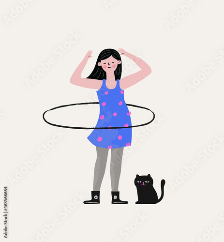 Young sportswoman doing fitness exercises with hula hoop. Cheerful woman at workout with hoop for her waist. Character twirling a hoop around the waist. Hand drawn style vector design illustration.